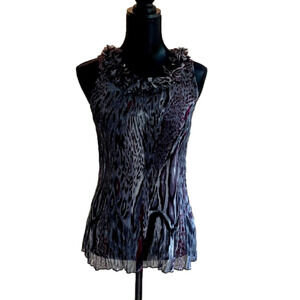 PLISSE Sleeveless Zebra Animal Print Accordion Pleated Ruffle Top